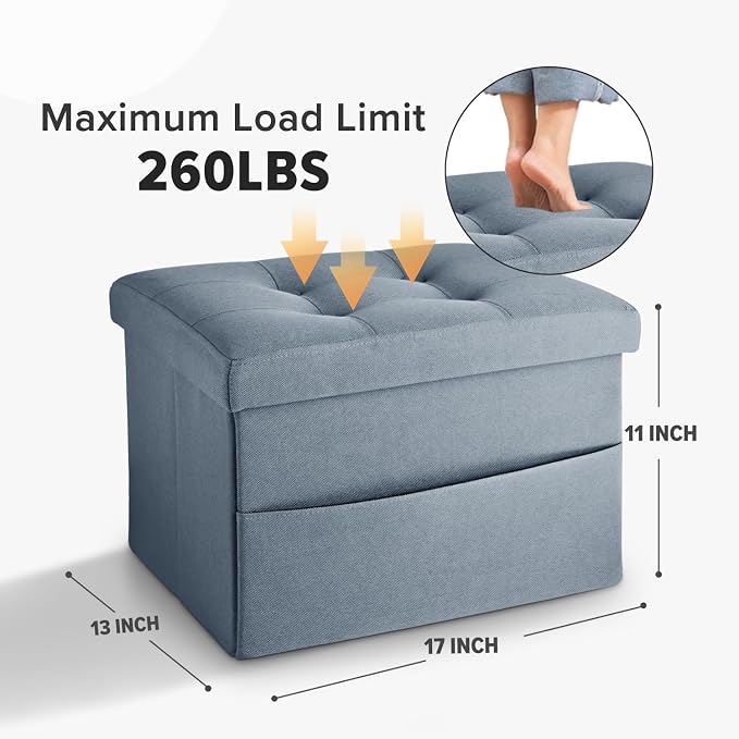 LINMAGCO Storage Ottoman Folding Foot Stool Ottoman with Side Pocket Modern Short Sofa Stool Linen Cloth 17x13x13(FogBlue)