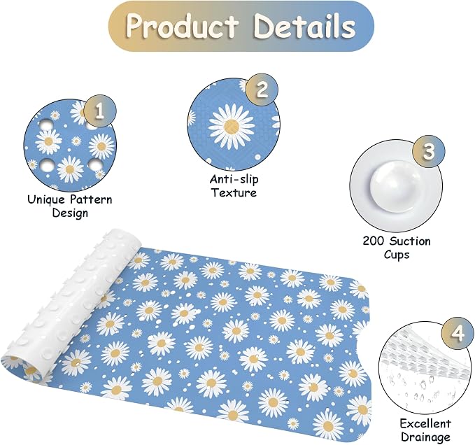Bathtub Mat Non Slip, Daisy Extra Long Bath tub Mat Shower Floor Mat with Suction Cups and Drain Holes for Adults Kids Elderly 40 X 16 Inch