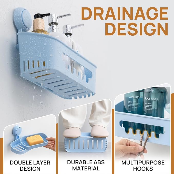 LEVERLOC Shower Caddy Suction Cup Set Shower Organizer & Soap Holder & Toothbrush Holder, Bathroom Shelf Basket NO-Drilling, Removable Suction Storage Waterproof Bathroom Holder, Blue