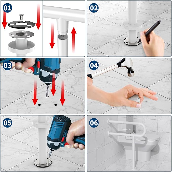 Toilet Grab Bar with Leg 24x28 Inch, ZUEXT White Knurled Toilet Support Bar with Toilet Paper Holder, Stainless Steel Wall & Floor Mounted Bathroom Support Rail for Seniors Elderly Disabled Pregnant