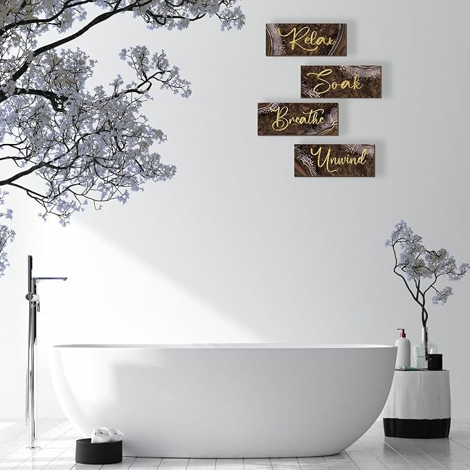 ONIZHITY 4 Pcs Brown Gold Bathroom Decor Brown Gold Wall Decor Relax Soak Unwind Breathe Wooden Rustic Marble Style Bathroom Accessories for Bedroom Living Room Office Kitchen(10X4)