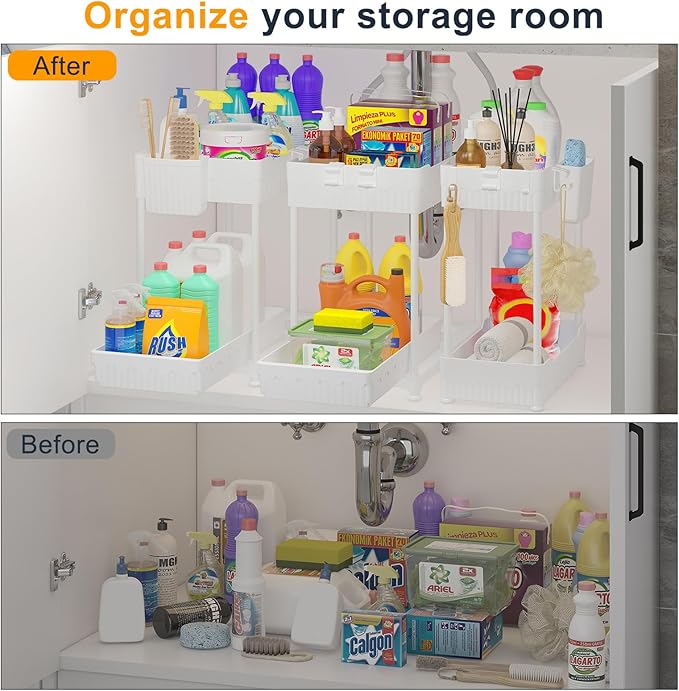 Sevenblue 3 Pack Under Sink Organizers,2-Tier Multi-Use Kitchen and Bathroom Organizers and Storage with Sliding Drawers,Bathroom Cabinet Organizer (White, 12.8 Inch)