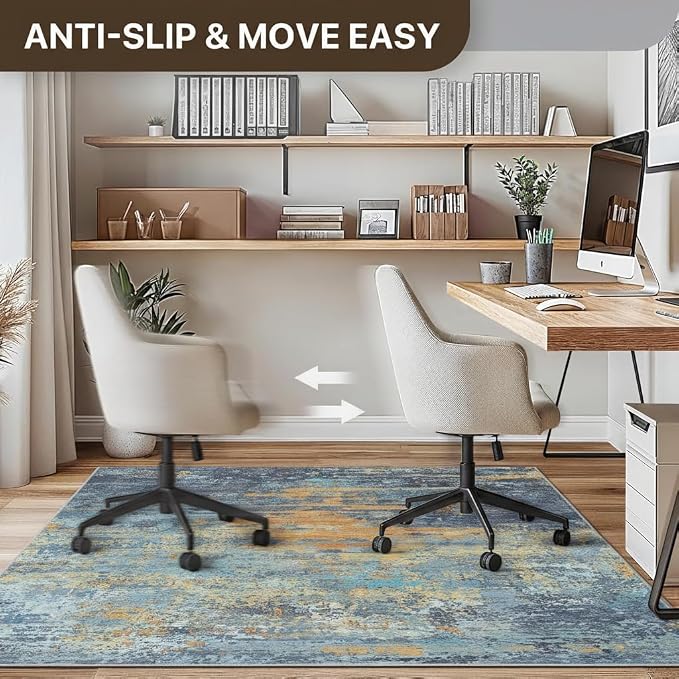 48"x72" Office Chair Mat for Hardwood Tile Floor, Under Desk Carpet Protector for Rolling Computer Chair Mat, Machine Washable Area Rug, Anti-Slip 1/5" Thick Low Pile Thin Vinyl Floor Mat, Blue Orange