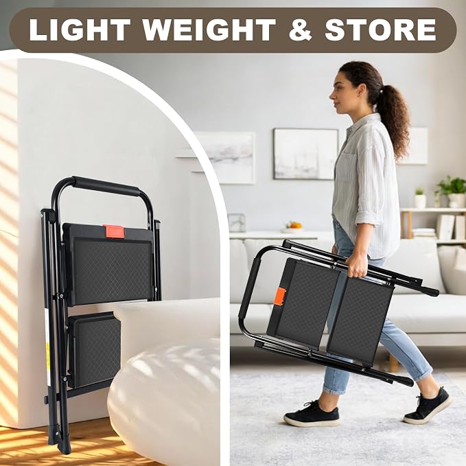 Valeo 2 Step Ladder, 2 Step Ladder for Adults with with Safe-Lock Design, Wide Anti-Slip Pedal, 500lbs Sturdy Steel Ladder, Step Stool Foldable with Cushioned Handle,Black