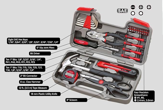 Apollo Tools Original 39 Piece General Household Tool Set in Toolbox Storage Case with Essential Hand Tools for Everyday Home Repairs, DIY and Crafts Red/Black - DT9706