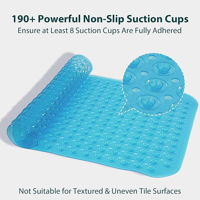 Bathtub Mat Shower Mat Non Slip 17x30 Inch Standard Size, Soft Bubble Bath Tub Mat Shower Mats for Inside Shower Bathroom Floor Mat with Big Suction Cups & Drain Holes, BPA-Free，Clear Blue