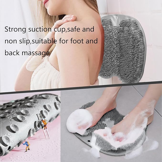 Shower Foot and Back Scrubber Mat,Wall Mounted Shower Foot Scrubber with Suction Cups,Exfoliating Silicone Massage Foot Cleaner for Shower(Grey&Blue)