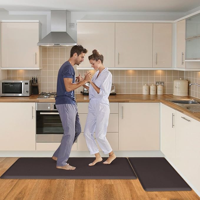 HappyTrends 2 PCS Kitchen Mat Cushioned Anti-Fatigue Floor Mat, Heavy Duty Ergonomic Comfort Foam Standing Mat, Waterproof Non-Slip Kitchen Rugs for Home, Office(17.3"x28"+17.3"x47",Chocolate)