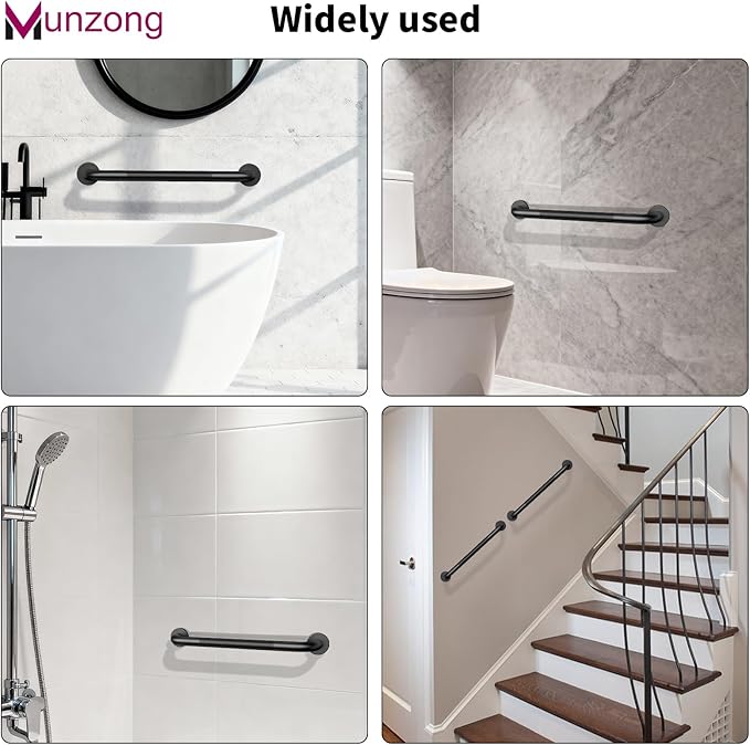 3 Pack Bathroom Grab Bar for Commercial, Munzong 12" 16" 16" Shower Grab Bar Bundle, Black Anti Slip Safety Balance Bar,Stainless Steel Handicap Hand Rail for Elderly Injury Senior Bath Handle