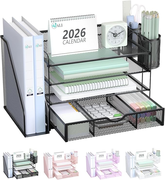 WALI Desk File Organizer, 4 Tier Desktop Paper Letter Tray Organizer with Drawer and 2 Pen Holders, Office Desk Accessories & Workspace Organizers for Office, Home Supplies(DO005DH-B), 1 Pack, Black