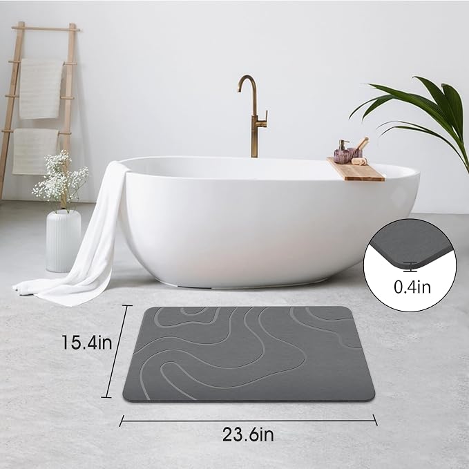 ZIKIBL Stone Bath Mat Diatomaceous Earth Shower Mat Non-Slip Super Absorbent Diatomite Stone Mats for Bathroom Floor Quick-Drying Easy to Clean (24''*16'' Grey)
