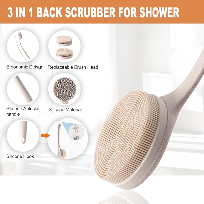 Long Handle Shower Back Scrubber,15.75 Inch Ergonomic Curved Brush with 3 Replaceable Heads with Soft and Firm Bristles,Silicone Handle for Easy Back Cleaning and Exfoliation,Bath Body Brush(Beige)