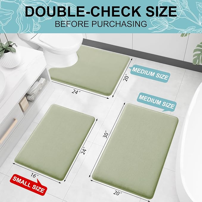 Smiry Memory Foam Bath Mat 24x16, Extra Soft and Absorbent Bathroom Mats, Non Slip Washable Carpet for Floor, Shower and Tub, Sage Green