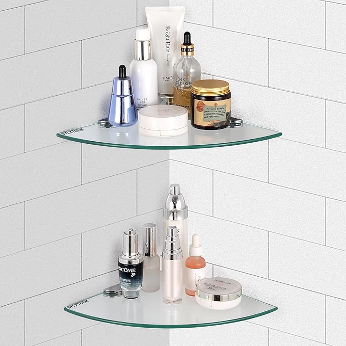 Glass Corner Shower Shelves, Tempered Floating Glass Shelves Wall Mount, Shower Caddy Organizer, Bathroom Corner Shelf with Zinc Alloy Brackets for Bathroom, Kitchen, Living Room, 9.8" x 9.8", 2 Pack