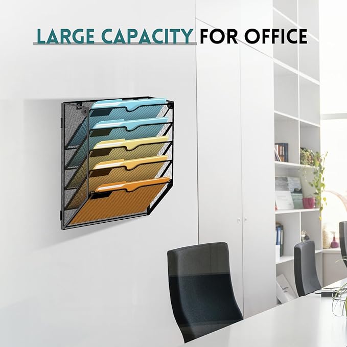 SUPEASY 5 Tier Wall File Organizer, Hanging Wall Mounted Mail Organizer with Label Slots, Metal Mesh File Holder Magazine Rack for Office, Home, School or Classroom, Black, 2Pack