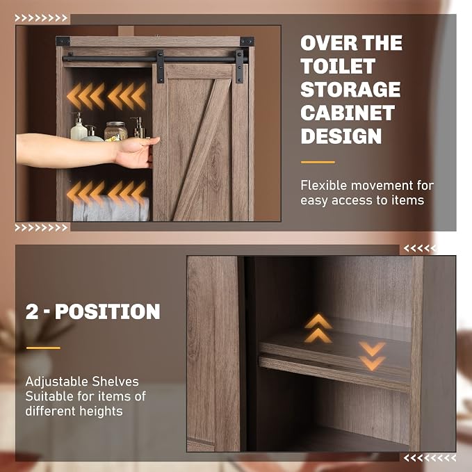 Over The Toilet Storage Cabinet, Behind Toilet Bathroom Organizer with Adjustable Shelves, Above Toilet Organizers with Barn Door, Space Saver for Restroom, Bathroom, Laundry, Grey