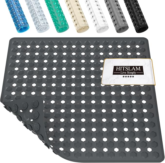 HITSLAM Shower Mat Anti Slip, Square Bath Mat for Tub Non Slip with Suction Cups and Drain Holes, 21x21 Inch Bathroom Shower Stall Floor Mat, Machine Washable, Soft on Feet, Dark Grey