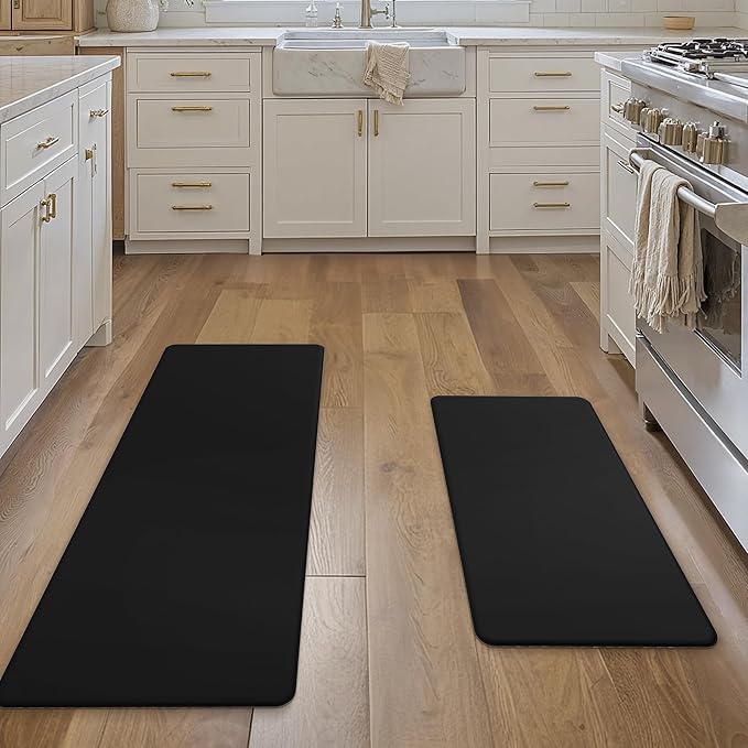 GENIMO Kitchen Mats for Floor 2PCs, Washable Anti Fatigue Mat for Cushioned, 17.3"x47"+17.3"x30", Waterproof Kitchen Rugs, Non Slip Comfort Standing Mat Rug for Home, Sink, Laundry, Black