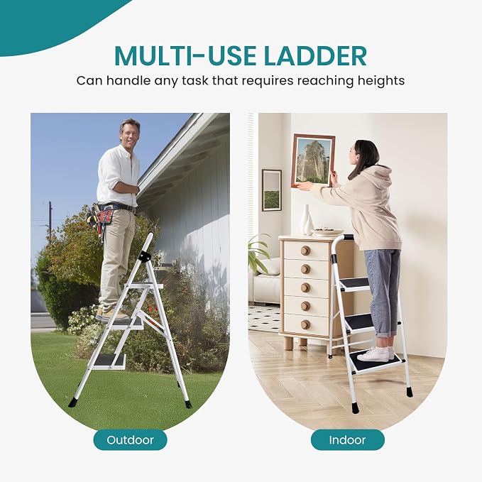 OLIXIS 3 Step Ladder, 330lbs Capacity Foldable Step Stool with Anti-Slip Pedal, Sturdy Steel Ladder & Comfortable Handrail, Protable Heavy Duty Step Stool for Kitchen, Garage, Outdoor Use - Black