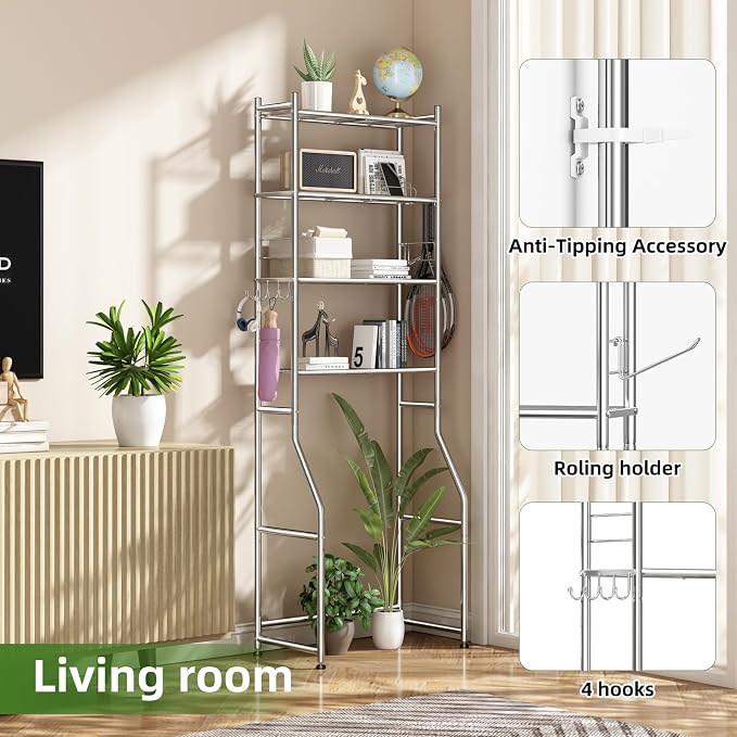 Ekisemio Over the Toilet Storage Cabinet, Metal 4 Tier Bathroom Shelves Over Toilet, Bathroom Oragnizer with 4 Hooks and Paper Holder, Chrome