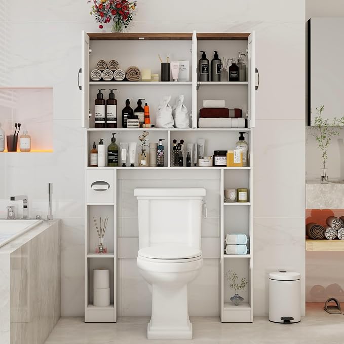 Over The Toilet Storage Cabinet,Farmhouse Toilet Cabinet Rack with 3 Barn Doors,Space Saving Bathroom Organizer with Shelves,Toilet Paper Holder & Towel Rack for Bathroom,Restroom,Laundry,Unique White