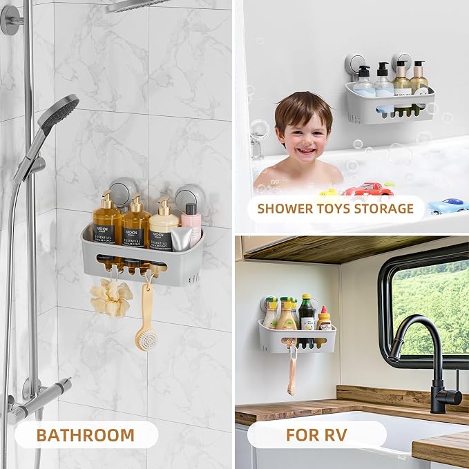 LEVERLOC Shower Caddy Suction Cup, Shower Organizer Removable Bathroom Shelf, Storage for Inside Shower Powerful Suction Max Hold 22lbs Waterproof Holder, Gray