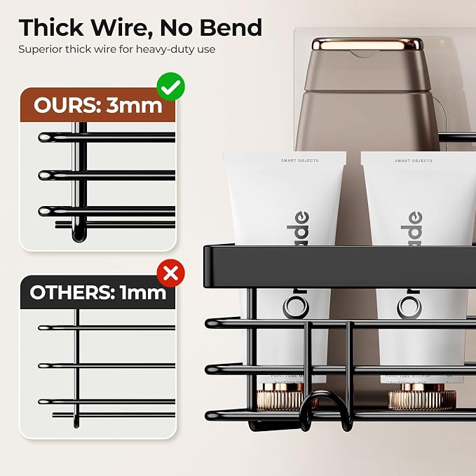 Orimade Adhesive Shower Caddy Soap Dish Holder Shelf with 5 Hooks Bathroom Organizer Basket Kitchen Storage Rack Wall Mounted No Drilling Stainless Steel - 3 Pack, Black