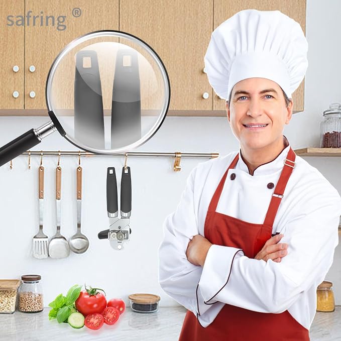 Safring Can Opener Manual, Handheld Strong Heavy Duty Stainless Steel Can Opener, Comfortable Handle, Sharp Blade Smooth Edge, Can Openers with Multifunctional Bottle Opener, Gray
