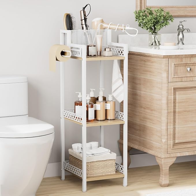 Slim Bathroom Storage Shelf Unit, 3 Tier Corner Storage, Rustic Makeup Organizer, Space-Saving Floor Standing Storage Shelves for Bathroom, Vanity,Kitchen, Laundry 9.85in Matte White