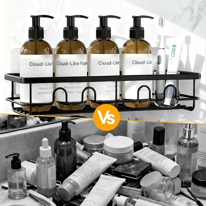 Adhesive Shower Caddy, Large Capacity Shower Racks for Inside Shower, No Drill Bathroom Shower Organizer and Storage, 2 Pack Black Bathroom Shelves, Home Decor Rv Accessories, Apartment