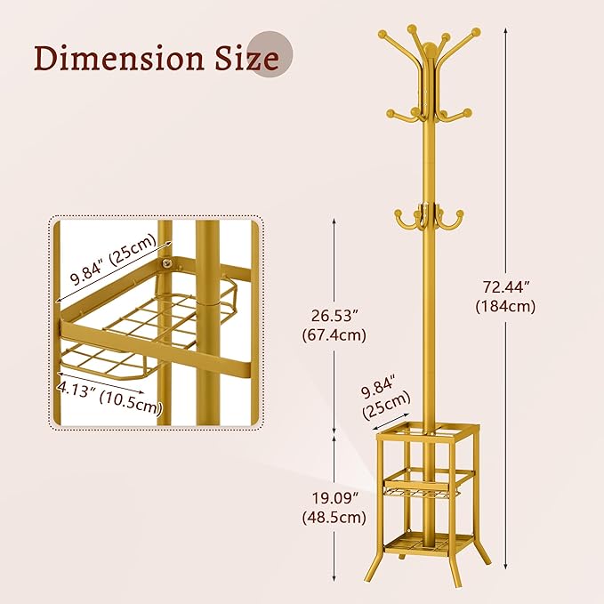 FAVOOSTY Coat Rack Freestanding,Coat Rack Stand with Umbrella Holder,Metal Coat Tree with 12 Hooks,Tree Clothes Hat for Entryway, Hallway, Bedroom, Living Room & Office -Glod
