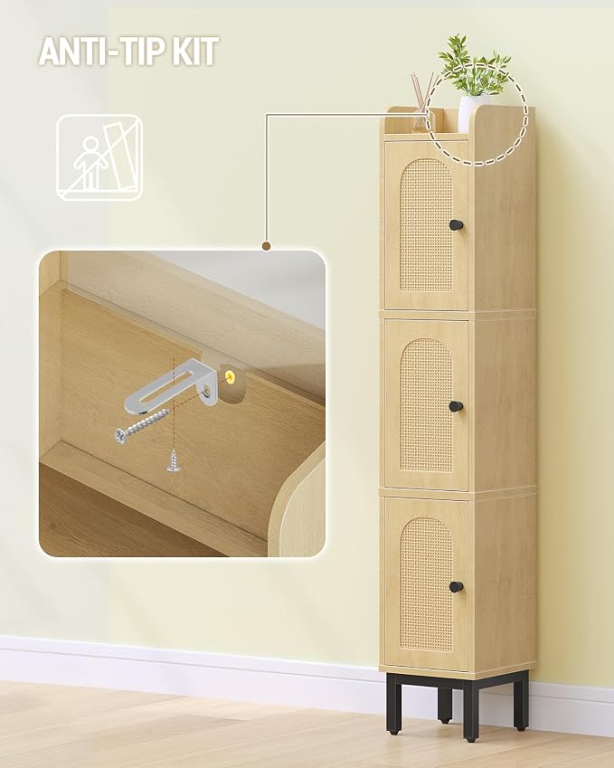Hzuaneri Slim Bathroom Storage Cabinet, Narrow Bathroom Organizers and Storage with 4 Adjustable Feet, Laundry Room Organization for Small Space, Kitchen, Living Room, 3 Doors Rattan Yellow BC22302Y