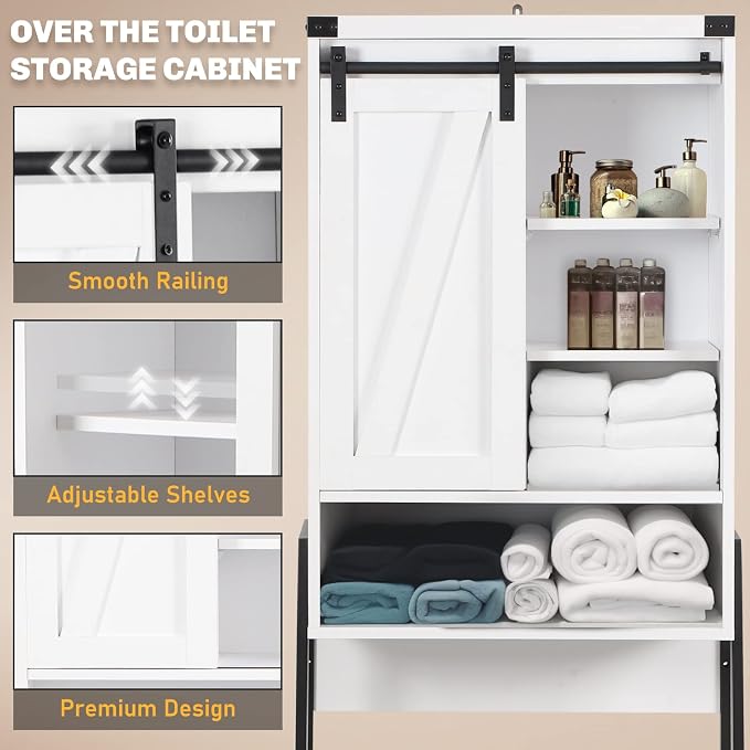 Over The Toilet Storage Cabinet, Behind Toilet Bathroom Organizer with Adjustable Shelves, Above Toilet Organizers with Barn Door, Space Saver for Restroom, Bathroom, Laundry, White