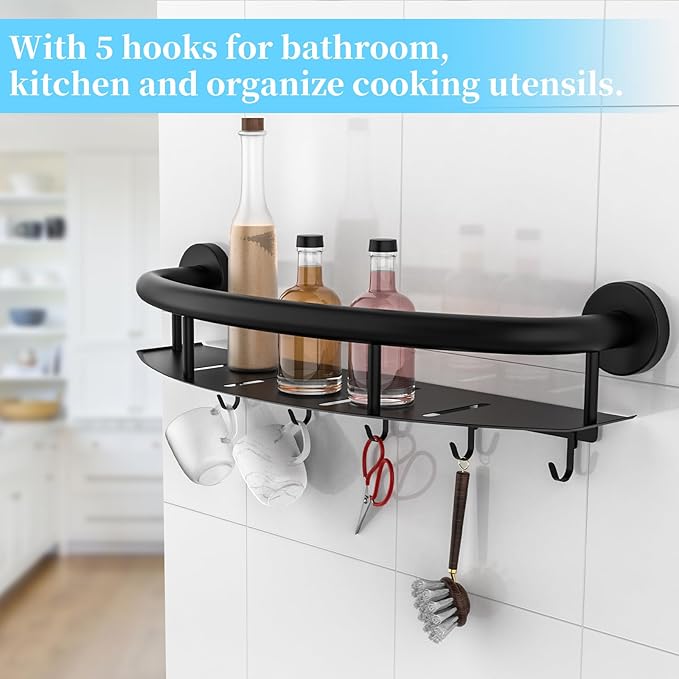Black Shower Grab Bar Shelf 18 Inch, Zepolu Stainless Steel Shampoo Shelf Grab Bar, Wall Mount Bathroom Shelves Safety Balanced Support Bar Handrail Assist Handle for Elderly Senior Handicap