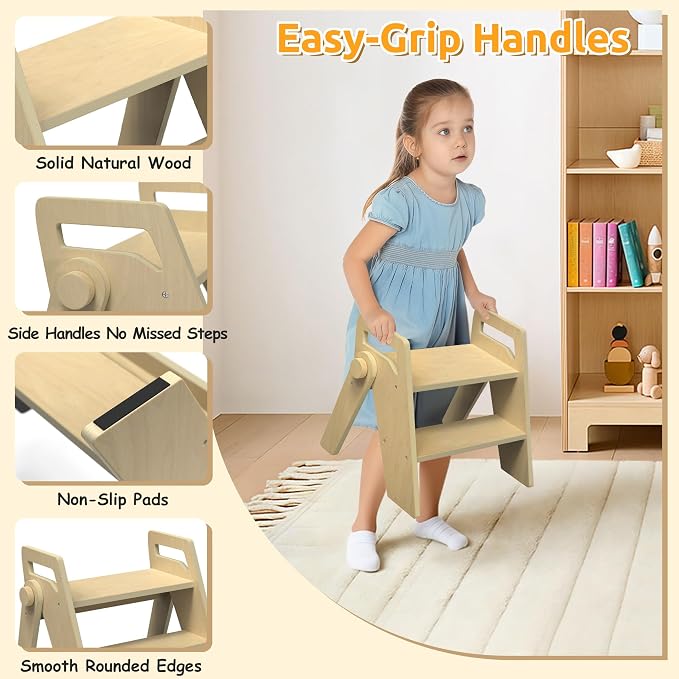 Wooden 2 Step Stool for Toddler Kids Bathroom Foldable 2-Step for Toilet Potty Training, Child Stepping Stool for Kitchen Nursery Bedroom