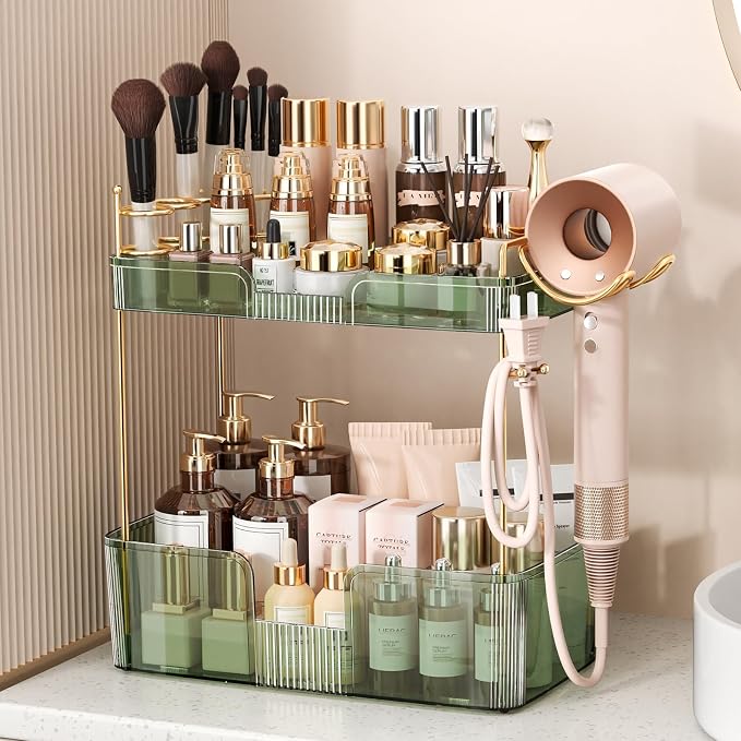 Bathroom Counter Organizer for Vanity, Makeup Organizer Countertop with Holder, Large Capacity Storage Rack, Perfect Large Skincare, Hair Care, Perfume, Easy to Install (Green, 2Tiers)