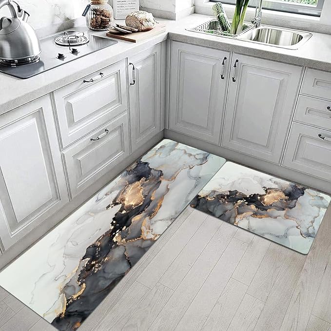 Mrcrypos 2 Pieces Luxury Black and Gold Marble Kitchen Mats PVC Leather Waterproof Non Slip Cushioned Standing Mats Anti Fatigue Kitchen Comfort Mats for Floor,Sink,Laundry,Office 17"x29"+17"x47"
