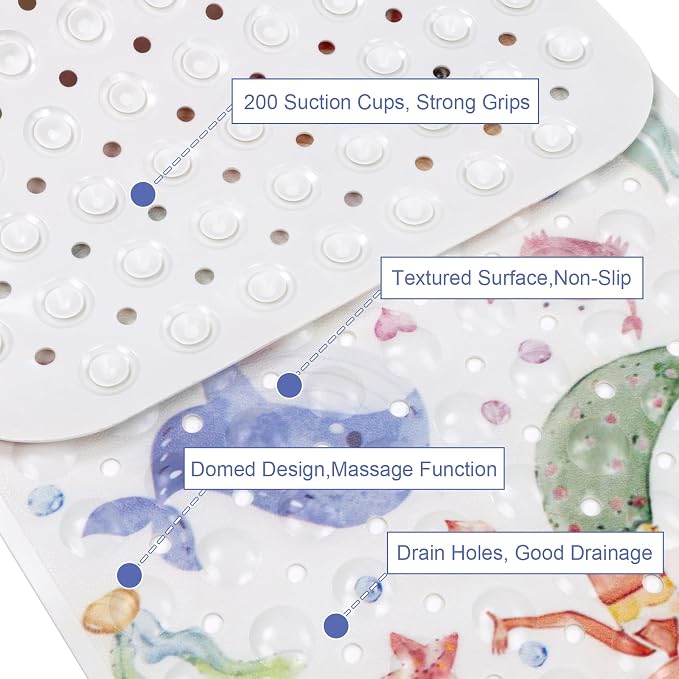 Topotdor Baby Bath Mat, Cartoon Bath Mat for Tub Non Slip Kids, 40x16 Inch Extra Long Toddler Bathtub Mat with Drain Holes & Suction Cups, Machine Washable Anti-Slip Shower Mat, Mermaid