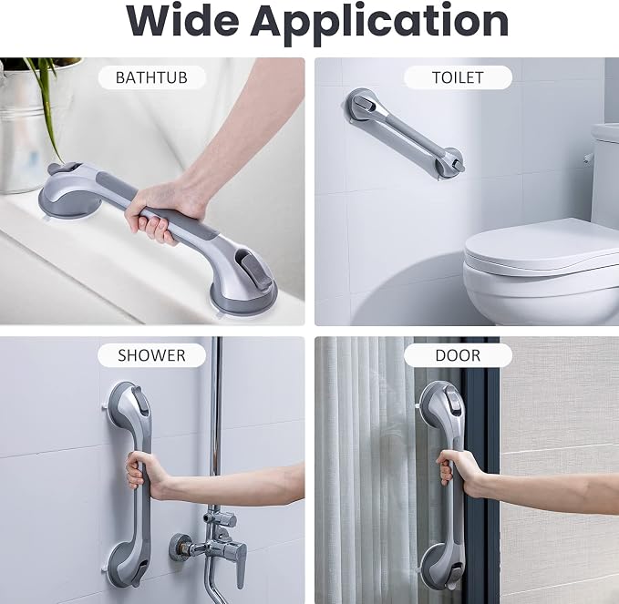 LEVERLOC Grab Bars for Bathtubs and Showers 2 Pack Suction Grab Bar, Heavy Duty 17 Inch Shower Handle Removable Bath Handrails for Seniors and Elderly, Bathroom Safety Grip No Drilling Waterproof Grey