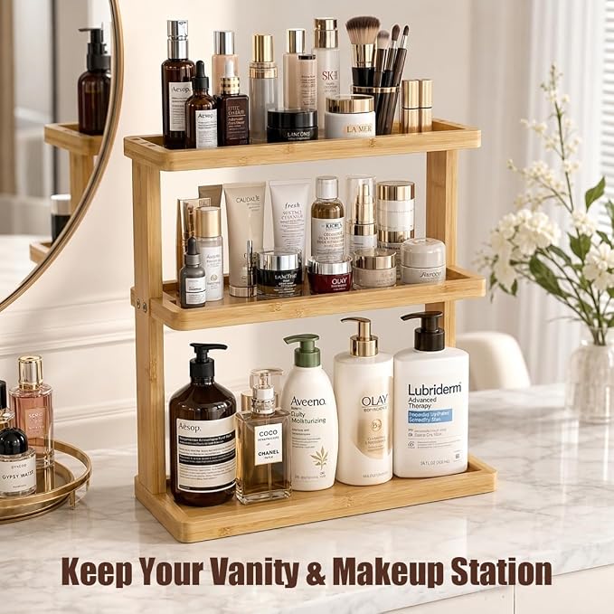 PEKER Bamboo Bathroom Organizer Countertop – Vanity Storage Shelf for Makeup, Perfume, Skincare – Natural Cosmetics Display Rack for Dresser, Sink, Kitchen – Natural