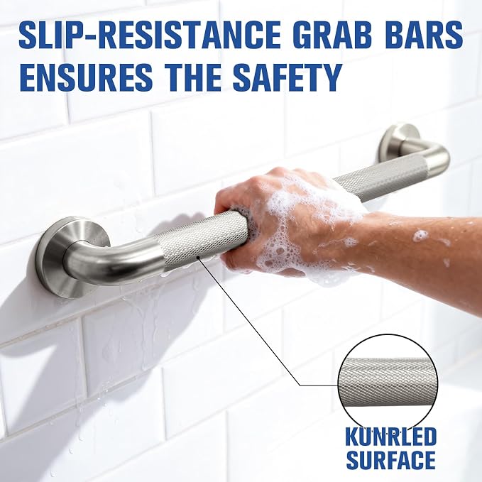24 Inch Shower Grab Bar for Seniors,1.25'' Diameter 304 Stainless Steel Heavy Duty Anti-Slip Bathroom Safety Handicap Grab Bar for Shower, Bathtub & Toilet Support, Wall Mounted, Supports 500lbs
