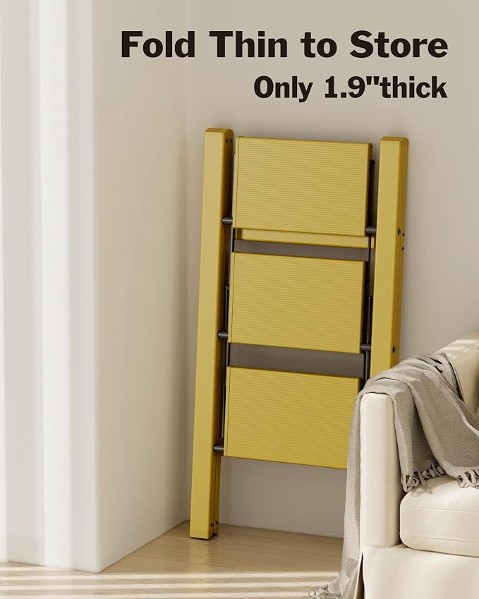 3 Step Ladder, Aluminum Lightweight Folding 3 Step Stool with Anti-Slip Wide Pedal, 330lbs Capacity Ladder for Household,Library,Office(Soft Dusk Yellow)