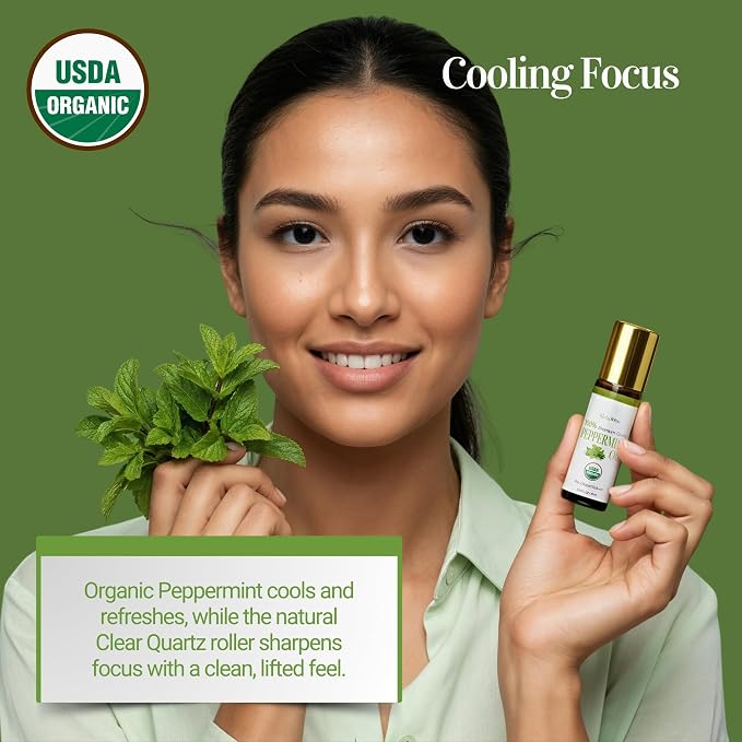 Peppermint Essential Oil Roll On for Nausea Relief Morning Sickness Pregnancy - 100% Pure USDA Organic MCT Coconut Oil - Headache Migraine Pregnant Women Safe Cooling - Gemstone Roller 10ml Travel