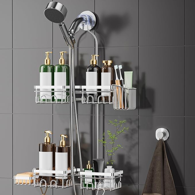DAOYA Shower Caddy Hanging - Over Shower Head Caddy, 0.82 inch Universal with 2 Shelves, Soap Holder, Toothbrush Holder & Reusable Suction Hook, Complete Silver Bath Organizer Set