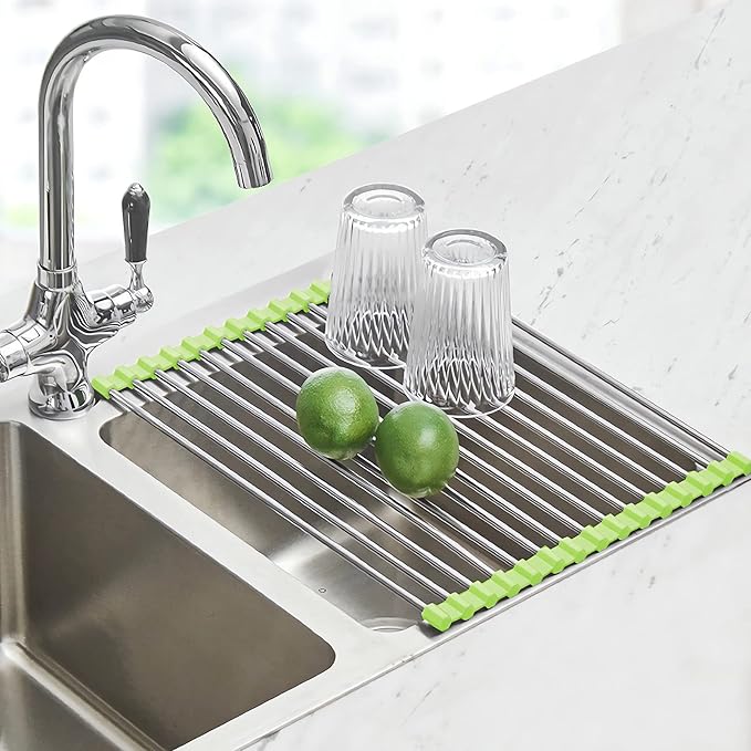 Seropy Roll Up Dish Drying Rack Over The Sink Drying Rack for Kitchen Counter, Rolling Dish Rack Over Sink Mat, Foldable Dish Drainer Stainless Steel Rack Kitchen Organization Green 17.5"x11.8"