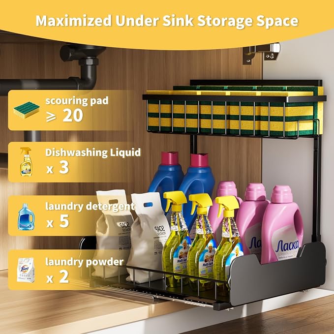 PureBox Under Sink Organizer, 2-Tier L-Shaped Pull Out Cabinet Shelf with 2 Installation Methods, Adjustable Sliding Storage Drawer for Kitchen, Bathroom, Laundry, Metal, Black, 2-Pack