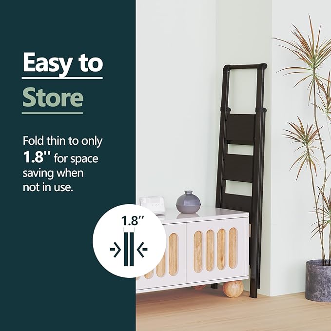 WOA WOA 4 Step Ladder, Ladders for Home, Anti-Slip Aluminum Pedals, Step Stool Foldable, Lightweight to Move, Ease of Storage, Reach 9ft for Closet Kitchen Library, Hold 300lbs - Black