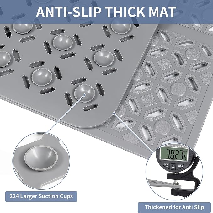OTHWAY Square Shower Mat, 27"x 27" Extra Large Shower Mats for Inside Shower, TPE Anti Slip Shower Mat with Suction Cups Drain Holes, Machine Washable Shower Floor Mat (Grey)