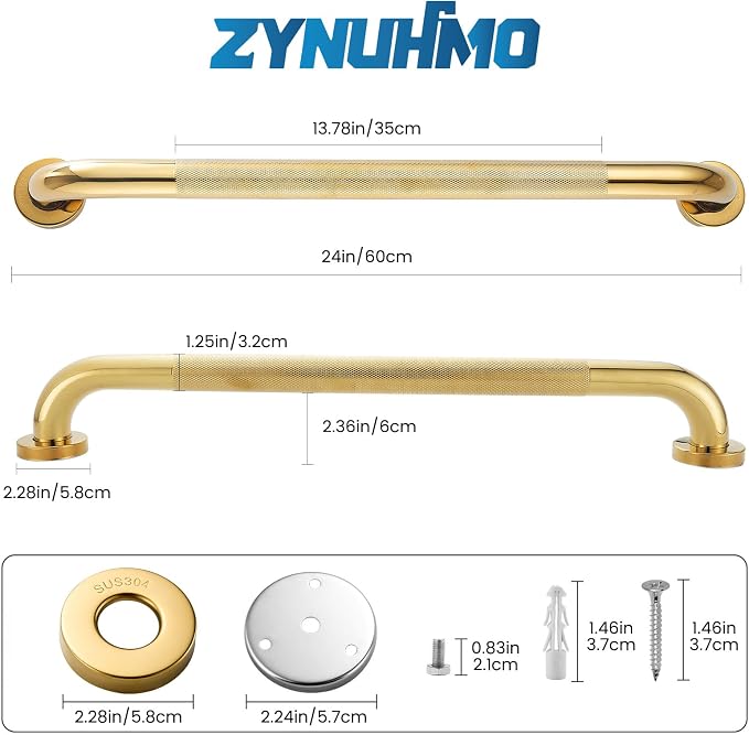Grab Bars for Shower, Zynuhmo 2 Pack 24 Inch Anti Slip Safety Grab Bar 1.25" Diameter Stainless Steel Shower Handrails for Handicap Injury Pregnant Senior Assist Bath Shower Handles(Titanium Gold)