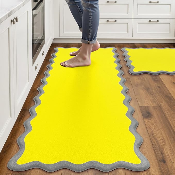 Arenarug Scalloped Yellow Gray Kitchen Mats Rugs Sets of 2 Cushioned Anti Fatigue Floor Mat Waterproof Kitchen Rugs Non Slip Foam Comfort Standing Mat for Sink Laundry